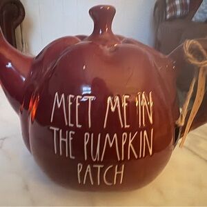 Rae Dunn Burgundy Pumpkin Teapot with Whimsical Text